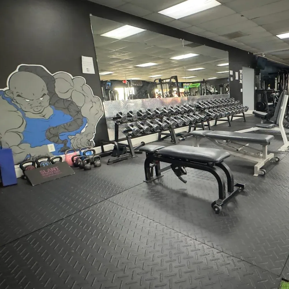 Benches and dumbbells under the Momentum mascot mural